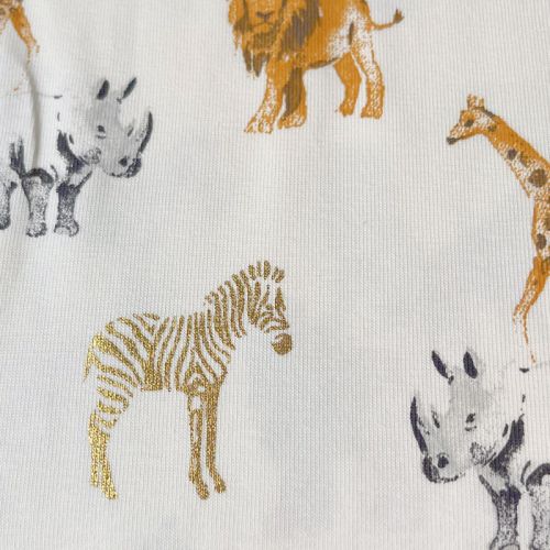 Tissu jersey Safari foil fond blanc cassé 95%cot, 5%el larg Tissu jersey Safari foil fond blanc cassé 95%cot, 5%el larg