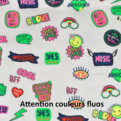 Tissu jersey Neon stickers fond blanc Tissu jersey Neon stickers fond blanc