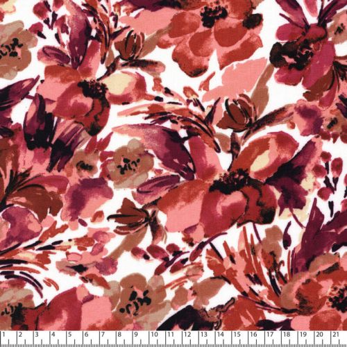 Tissu viscose fleurs pêche fond blanc Tissu viscose fleurs pêche fond blanc