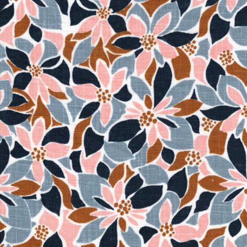 Tissu lin fleurs de Tiaré fond blanc Tissu lin fleurs de Tiaré fond blanc