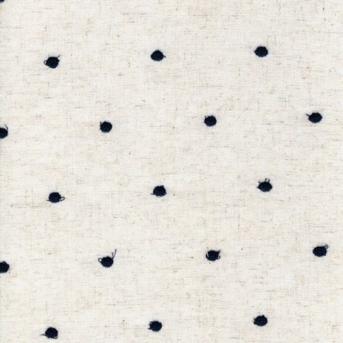 Tissu viscose/lin brodé pois marine fond naturel Tissu viscose/lin brodé pois marine fond naturel