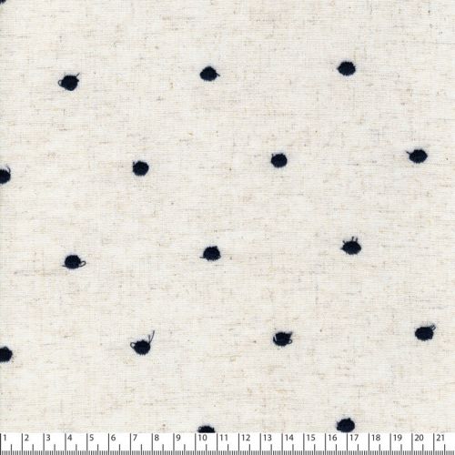 Tissu viscose/lin brodé pois marine fond naturel Tissu viscose/lin brodé pois marine fond naturel