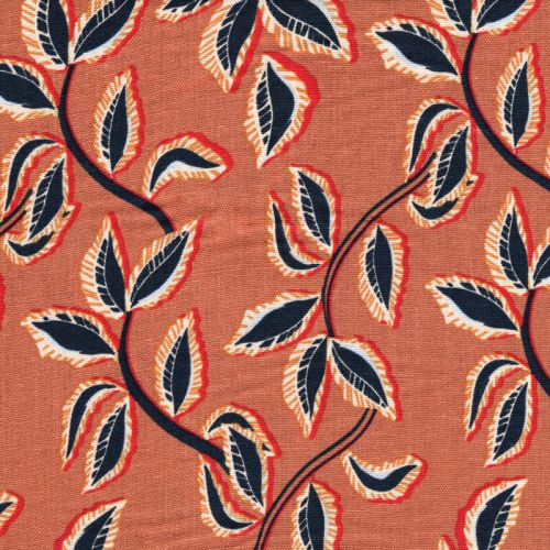 Tissu lin viscose feuillage fond ocre Tissu lin viscose feuillage fond ocre