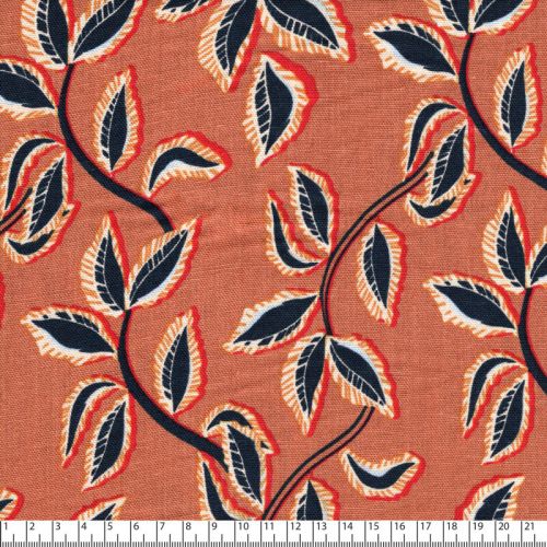 Tissu lin viscose feuillage fond ocre Tissu lin viscose feuillage fond ocre