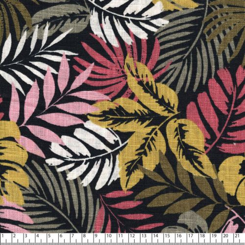 Tissu lin palmes fond noir Tissu lin palmes fond noir