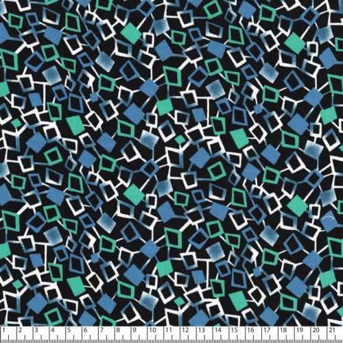 Tissu twill viscose Dancing Cubes pétrole fond noir Tissu twill viscose Dancing Cubes pétrole fond noir