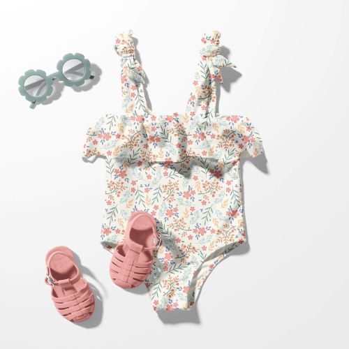 Tissu maillot de bain fleurs fond écru UPF50 Tissu maillot de bain fleurs fond écru UPF50
