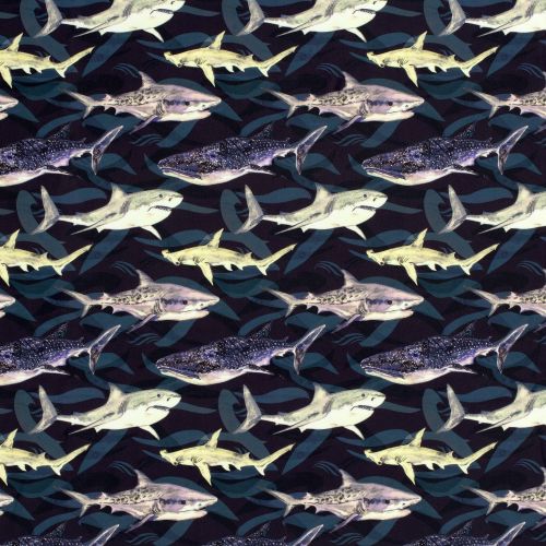 Tissu maillot de bain requins fond noir UPF50 Tissu maillot de bain requins fond noir UPF50