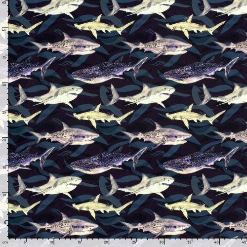 Tissu maillot de bain requins fond noir UPF50 Tissu maillot de bain requins fond noir UPF50