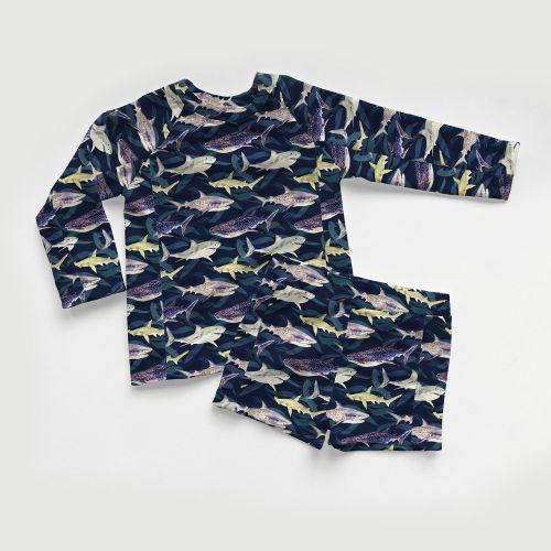 Tissu maillot de bain requins fond noir UPF50 Tissu maillot de bain requins fond noir UPF50