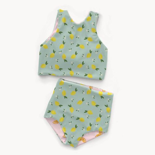 Tissu maillot de bain citrons fond vert UPF50 Tissu maillot de bain citrons fond vert UPF50