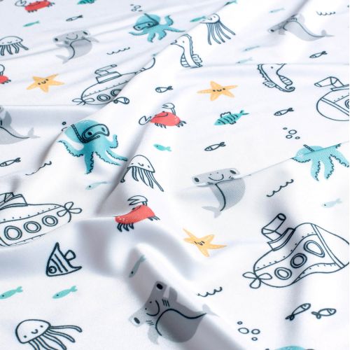 Tissu maillot de bain sous marins fond blanc UPF50 Tissu maillot de bain sous marins fond blanc UPF50