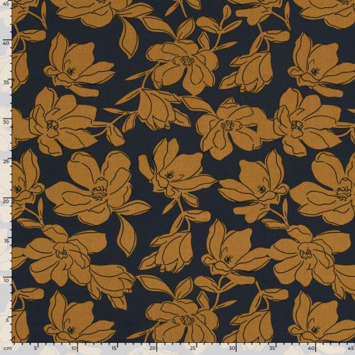 Tissu popeline de viscose fleurs moutarde Tissu popeline de viscose fleurs moutarde