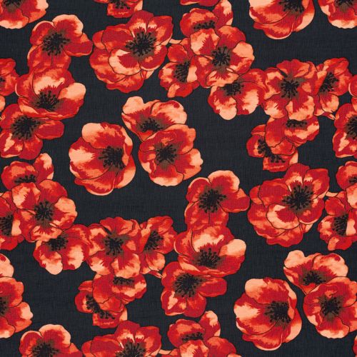 Tissu viscose crêpe fleurs rouge orangées
