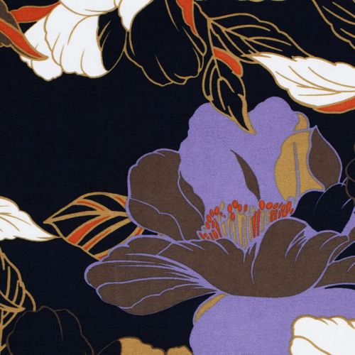 Tissu viscose crêpe fleurs bleu marine Tissu viscose crêpe fleurs bleu marine