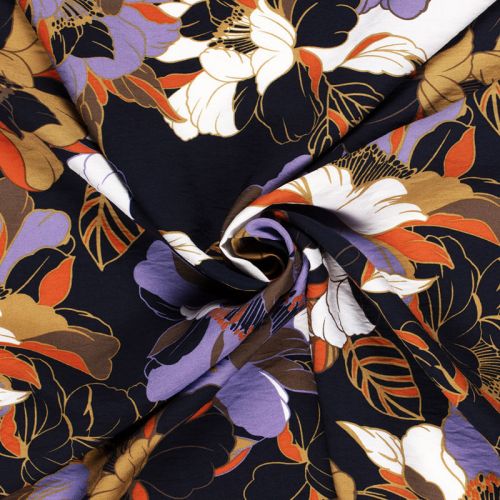 Tissu viscose crêpe fleurs bleu marine Tissu viscose crêpe fleurs bleu marine