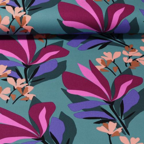 Tissu viscose stretch Spring Garden fond turquoise Nerida Hansen Tissu viscose stretch Spring Garden fond turquoise Nerida Hansen