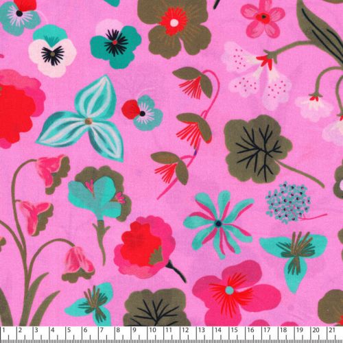 Tissu popeline digital Meadow Flower fond rose Nerida Hansen Tissu popeline digital Meadow Flower fond rose Nerida Hansen