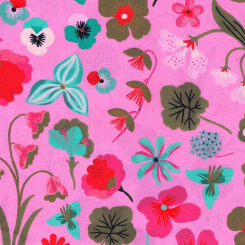 Tissu popeline digital Meadow Flower fond rose Nerida Hansen Tissu popeline digital Meadow Flower fond rose Nerida Hansen