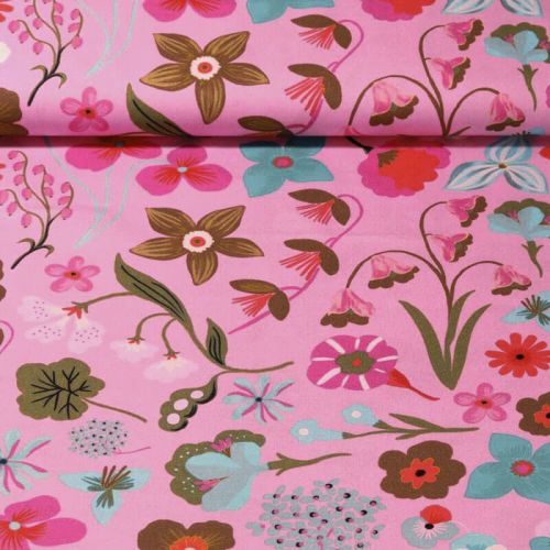 Tissu popeline digital Meadow Flower fond rose Nerida Hansen Tissu popeline digital Meadow Flower fond rose Nerida Hansen