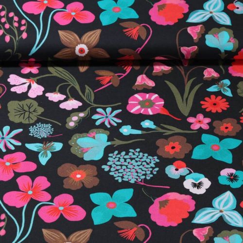 Tissu popeline digital Meadow Flower fond anthracite Nerida Hansen Tissu popeline digital Meadow Flower fond anthracite Nerida Hansen