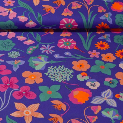 Tissu popeline digital Meadow Flower fond bleu Nerida Hansen Tissu popeline digital Meadow Flower fond bleu Nerida Hansen