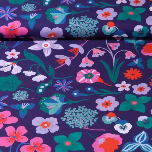 Tissu popeline digital Meadow Flower fond violet Nerida Hansen Tissu popeline digital Meadow Flower fond violet Nerida Hansen