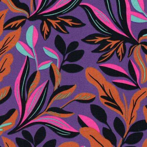 Tissu coton satiné Lush Leaves fond violet Nerida Hansen Tissu coton satiné Lush Leaves fond violet Nerida Hansen