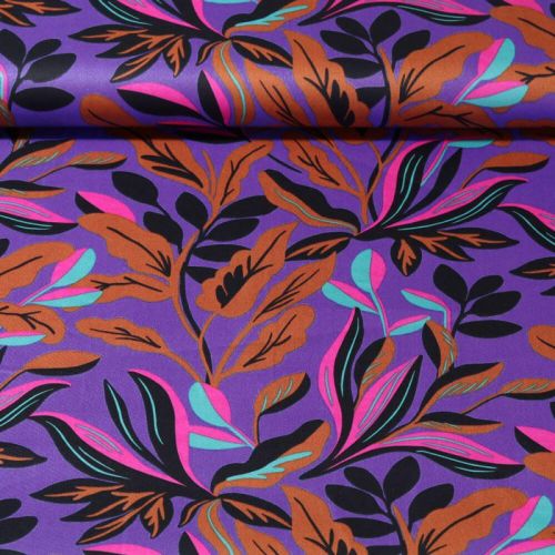 Tissu coton satiné Lush Leaves fond violet Nerida Hansen Tissu coton satiné Lush Leaves fond violet Nerida Hansen