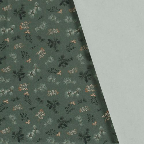 Tissu coton feuillage glitter fond vert mousse Tissu coton feuillage glitter fond vert mousse