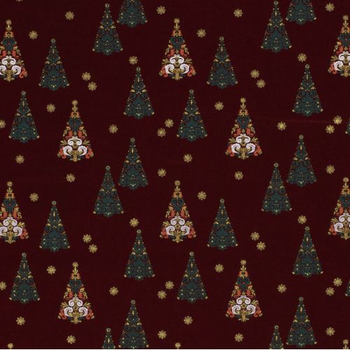 Tissu coton sapin glitter fond bordeaux Tissu coton sapin glitter fond bordeaux
