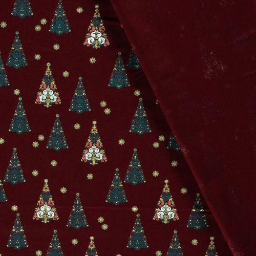Tissu coton sapin glitter fond bordeaux Tissu coton sapin glitter fond bordeaux