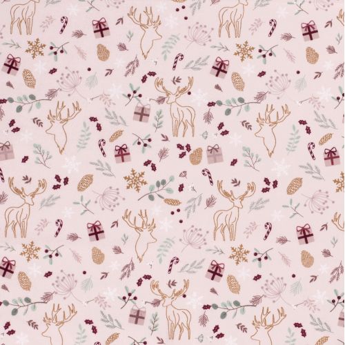 Tissu cadeaux et rennes glitter fond rose Tissu cadeaux et rennes glitter fond rose