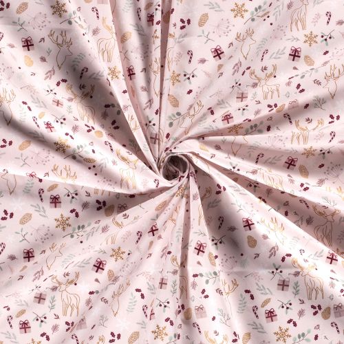Tissu cadeaux et rennes glitter fond rose Tissu cadeaux et rennes glitter fond rose