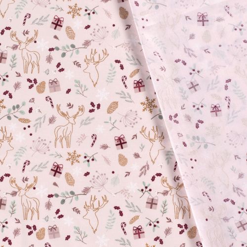 Tissu cadeaux et rennes glitter fond rose Tissu cadeaux et rennes glitter fond rose