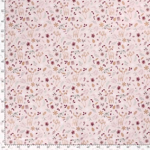 Tissu cadeaux et rennes glitter fond rose Tissu cadeaux et rennes glitter fond rose