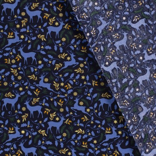 Tissu coton rennes glitter fond bleu marine Tissu coton rennes glitter fond bleu marine