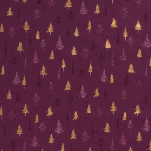 Tissu forêt de sapins glitter fond bordeaux Tissu forêt de sapins glitter fond bordeaux