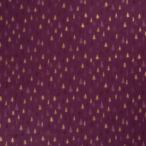 Tissu forêt de sapins glitter fond bordeaux Tissu forêt de sapins glitter fond bordeaux