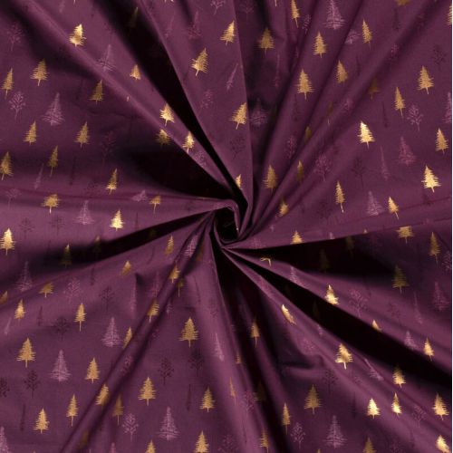 Tissu forêt de sapins glitter fond bordeaux Tissu forêt de sapins glitter fond bordeaux