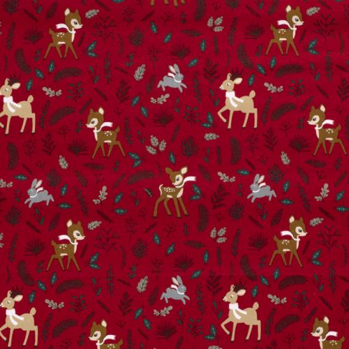 Tissu coton la forêt fête noël fond rouge Tissu coton la forêt fête noël fond rouge