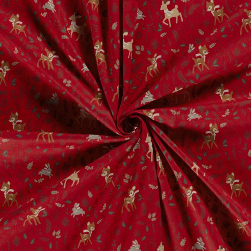 Tissu coton la forêt fête noël fond rouge Tissu coton la forêt fête noël fond rouge