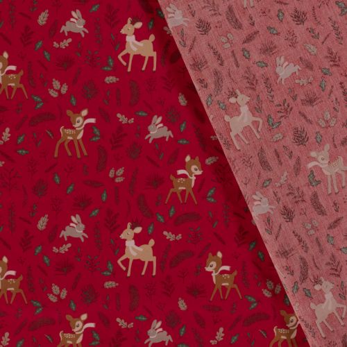 Tissu coton la forêt fête noël fond rouge Tissu coton la forêt fête noël fond rouge