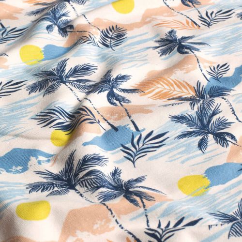 Tissu jersey palmiers fond blanc cassé Tissu jersey palmiers fond blanc cassé