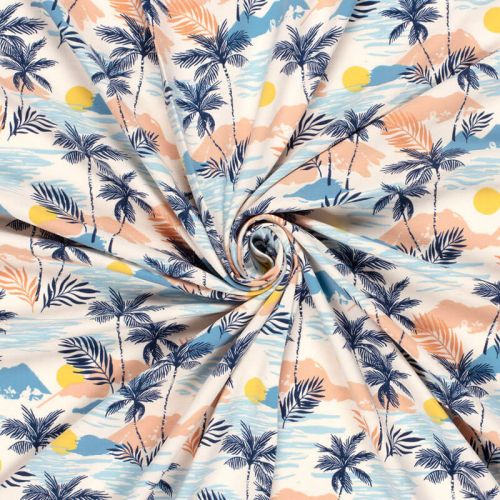 Tissu jersey palmiers fond blanc cassé Tissu jersey palmiers fond blanc cassé