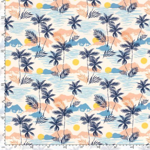 Tissu jersey palmiers fond blanc cassé Tissu jersey palmiers fond blanc cassé