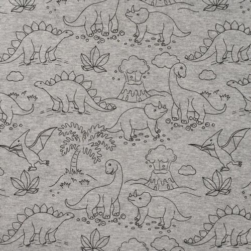 Tissu sweat minky dinos fond gris chiné Tissu sweat minky dinos fond gris chiné