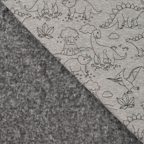 Tissu sweat minky dinos fond gris chiné Tissu sweat minky dinos fond gris chiné