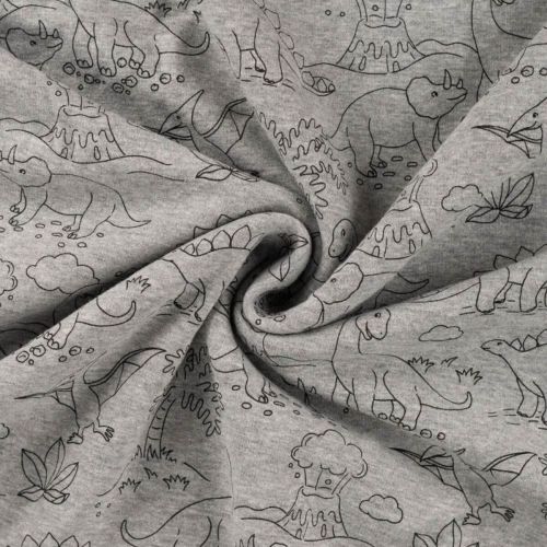Tissu sweat minky dinos fond gris chiné Tissu sweat minky dinos fond gris chiné