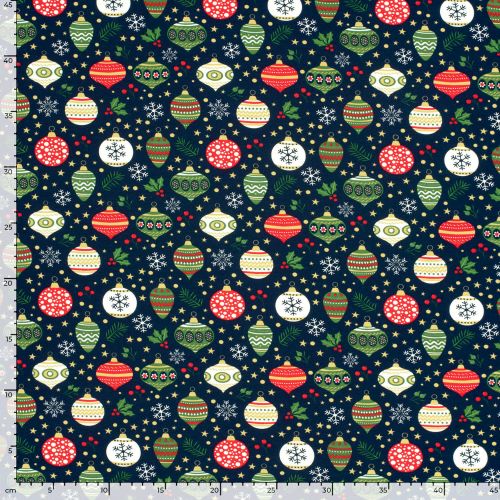 Tissu French Terry boules de noël fond bleu marine Tissu French Terry boules de noël fond bleu marine